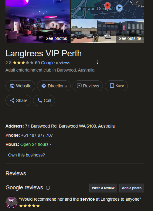 langtrees vip perth google screenshot